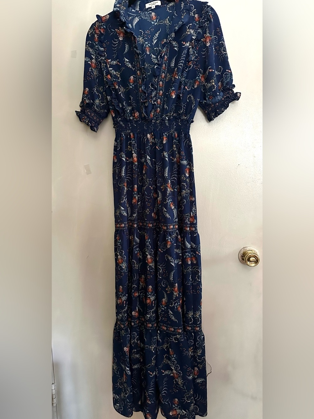 Max Studio Navy Floral Smocked Waist Tiered Maxi Midi Dress